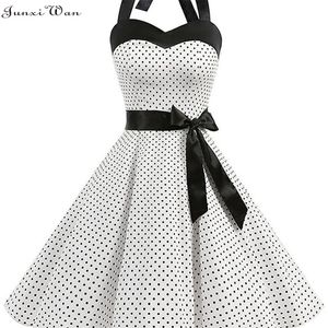 Frauen Polka Dot Print Sommer Kleid Sexy Retro Weiß Halter Vintage Robe Femme Pin Up Rockabilly Party 220418