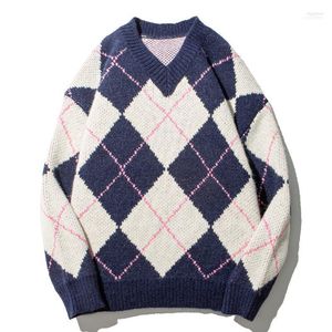 Herrenpullover Argyle Farbblock Strickpullover Männer Baumwolle Harajuku Jumper Übergröße 2022 Winter Casual Knittwear Pullover Top1 Olga22