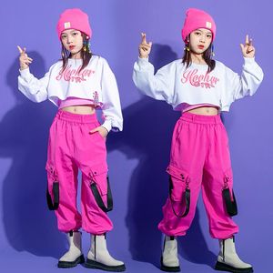 Scene Wear Jazz Dance Costumes For Girls White Shirts Pink Loose Pants Street Hip Hop Clothes Outfits DQS8577Stage