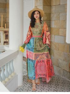 مصمم الأزياء الصيفي الجديد Maxi Dress Women Flare Sleeve Vintage Printed Boho Holidays Party Long Long Dress 2022