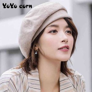 Yoyocorn Plaid Vintage Otragonalna swobodna jesienna dziewczyna Cap Panama Women Wool Beret dla eleganckiej damy zima bawełniane czapki J220722