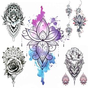 NXY Temporary Tattoo Watercolor Lotus Fake s for Women Diy Mandala Henna Rose Flower Chest Hand Lace Waterproof Pendants Tatoo 0330