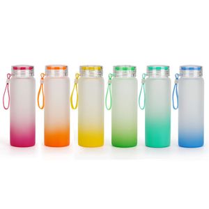 6 Farben 500 ml 17oz Sublimation Glasbecher Wasserflasche Frosted Gradient Straight Drink Cup Matte Gläser Tumbler Tassen mit Kappen Silikongriffe