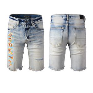 Man Short Jeans rasgados Denim Skinny Diseñador Pantra para pantalones cortos de juventud Jogger Ripe Flower Flower Pequeño Blue Distriby Destroyed Slim Fit With Pocket