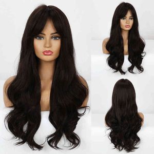 Nxy Wigs Natural Brown Synthetic Long Water Wavy s with Bangs Daily Lolita Cosplay Party Fake Hair for Women Heat Resistant Fiber 220528