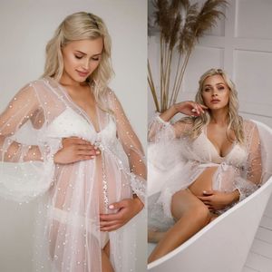 Pearls Beading Party Sleepwear Dresses Women Long Maternity Illusion Custom Made Robe Evening Gowns