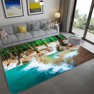 Carpets Natural Scenery 3D Carpet For Living Room Green Forest Waterfall Landscape Rug Bedroom Anti-slip In The Bathroom LargeCarpets