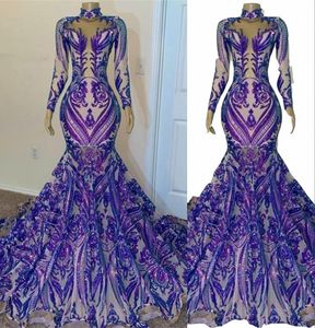 2022 Purple Sequined Lace Long Sleeves Prom Dresses Mermaid Gowns For Black Girls With High Neck Plus Size Sweep Train Formal Evening Occasion Gowns Robe De Soiree