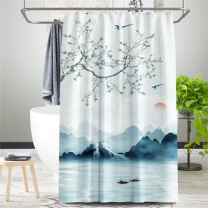 Kinesisk bläck landskapsstil duschgardin naturligt mönster vattentätt tyg bad gardin tvättbart badrum tillbehör multi storlek 220517