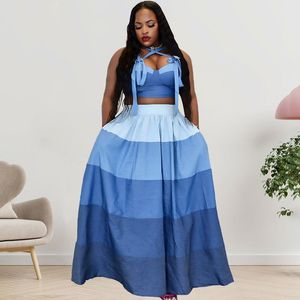 Women's Plus Size Tracksuits Gradient Striped Women's Outfits Two 2 Piece Set Halter Crop Tops Big Swing Ball Maxi Long Skirt Suit Elega