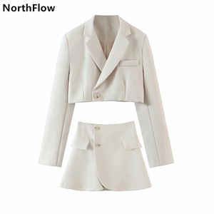 Northflow matchande set blazer och kjolar kvinnor England stil navel exponerad kort imperium blazer feminino femme två bit set 220816