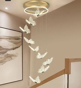 Staircase Duplex Sala de estar Butterfly Flying Long Lustelier Light Luxury Restaurant Tea Room Chandelier Lâmpadas de quarto principal