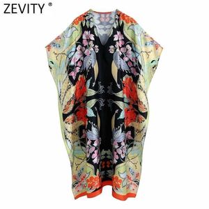 Zevity Women Vintage V Neck Position Floral Print Loose Midi Dress Female Chic Batwing Sleeve Side Split Kimono Vestidos DS8267 210603