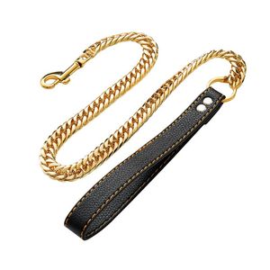 Dog Collars & Leashes 16mm Width Golden Stainless Steel Chain Leash Leather Handle Pet Anti-bite Metal For Medium Large Dogs