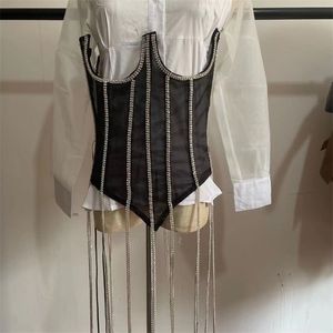 Diamond-Studded Fringe Bandage Tank Top Gothic Perspective Lace Corset Women Sexy Outer Wear Fashion Backless Short Bustiers 220318