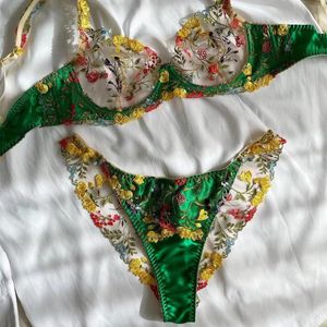 BHs Sets Yimunancy 2-teiliges Spitzen-BH-Set für Damen, Stickerei, grüne Blumen, Höschen, Unterwäsche, sexy Dessous-Set