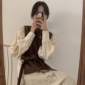 Autumn Winter 2 Two Piece Suit Elegant Outfits Long Sleeve O neck Loose Blouses Femme and Tank Solid Tops Mujer Korean Suit LJ201117