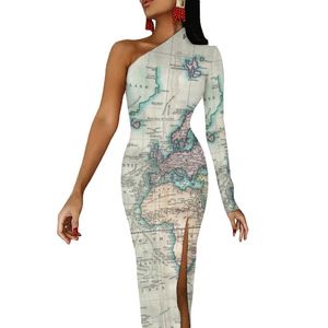 Casual Dresses Vintage Map Long Dress Womens The World 1801 Print Street Style Maxi Autumn Sleeve Pretty Bodycon Vestidocasual