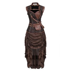 Bustiers Korsetts Braun Steampunk Korsett Kleid Vintage Rock Kostüm High Low Rüschen Party Piratenröcke Lolita Mittelalter Viktorianisch SetBusti