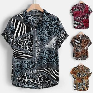 Men's Casual Shirts Men Leotard Men's Summer Fashion Lapel Panel Striped Leopard Mens Tee Short Sleeve Long Rayon Tops For MenMen's