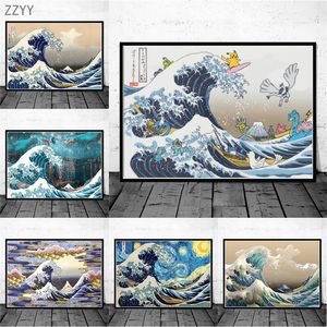 Japansk berömd målning Great Wave Art Canvas Målning Tecknad Anime Poster Print Sea Landscape Wall Pictrues Room Home Decor