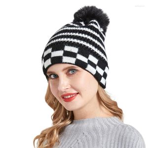 Beanie/Skull Caps Women Clothing Chessboard Stripes Pattern Hat High Elasticity Thermal Flanging Cap Cute Ball Top Delm22