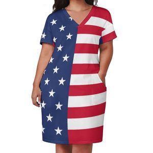Sukienki w rozmiarach Flag Połowa i zwykłe gwiazdy świąteczne paski Vintage samice v szyi druk estetyczny 5xlplus