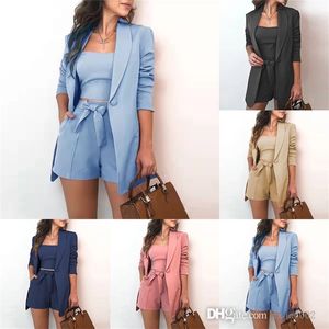 Designer Women Three Piece Pants Outfits Fashion Solid Color Lace Up Crop Top Blazer Coat and Shorts Passar Ladies Matching Set