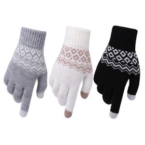 Пяти пальцев перчатки женский зимний сенсорный экран сгущайте теплый рисунок вязаная растяжение