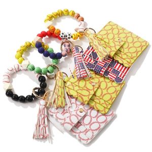 Chavedias de miçangas de madeira Tavel Tassel Chain PU CARTA DE CATADOR DE CARTO DE SOFTBOL Baseball Silicone Beads Bracelet Keyring Keyring