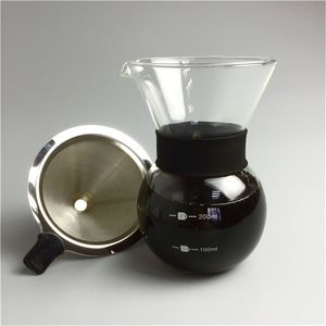 Filtros de cafeteira de vidro de 200 ml e filtros de aço inoxidável Conjunto de gotejamento portátil Drip Percolator V60 Servidor Derramar sobre cafeteira 210408