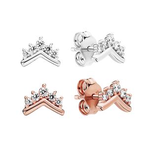 Crown Wishbone Saplama Küpe 925 STERLING Gümüş Gül Kapalı Kaplama Pandora Kadınlar için Orijinal Kutu Kızlar Parti Takı Küpe Seti