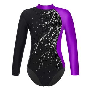 Scene Wear Kids Girls Gymnastic Leotard Ballet Dance Leotards Figure Skating Jumpsuit långärmad glansig faux diamant prydd danskläder