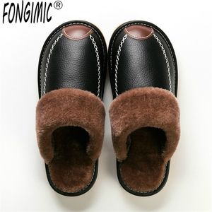 Men Winter Leather Slippers Bedroom Cotton Slippers Male Waterproof Thick Plus Velvet Indoor Warm House Home Slippers Shoes 201023
