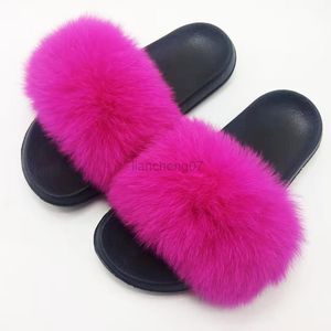 Women Real Fox Fur Slippers Fashion Beach Hairy Slides Femmes Outside Fluffy Flat Shoes Woman Fur Home Sandals Ladies Flip Flops G220816