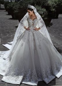 Lussuoso abito da ballo principessa abiti da sposa maniche lunghe seep v sequestri per le pauli appliques perle in pizzo volant abito da pavimento lunghezza da sposa abiti da sposa depoli