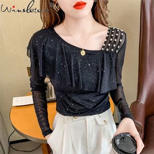 Spring Fall European Clothes T-Shirt Thin Fashion Sexy Skew Neck Ruffles Shiny Rivet Women Tops Long Sleeve Tees T19306A 220321