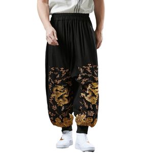 Erkekler pantolon izleri gevşek fener pantolon işlemeli ejderha eşofmanları elastik bel rahat spor giyim pamuk keten etnik sokak kıyafetleri