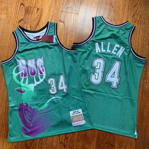 Классические баскетбольные майки с аутентичной вышивкой в стиле ретро 34 RayAllen GiannisAntetokounmpo, ретро-зеленые 96-97, дышащие спортивные черные шорты JustDon с настоящей вышивкой