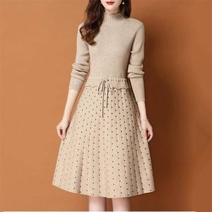 Chic Long Knit patchwork Women dot printed Sweater Dress Thick Warm Winter Dress Female Rib Turtleneck A Line Dress Office Lady