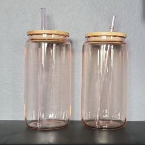 16oz Colored Pink Glass Mugs Can Shaped Ice Coca Tea Cups Glass Water Bottle Tumbler Drinking With Bamboo Lid And Straw FY5552