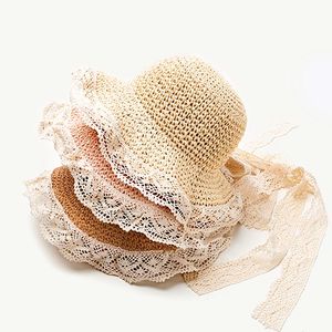 Hair Accessories Children Straw Hat Baby Girl Sun Hats With Lace Bow Beach Bucket Sunbonnet Princess Summer Outdoor Cap For Kids