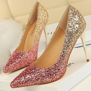 Dress Shoes Sexy Women Glitter 9.5cm High Heels Stripper Pumps Scarpins Tacones Bling Gold Pink Wedding Bridal Prom ShoesDress