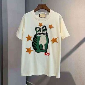 100 cotton T-shirt g new heavy industry Star Kitten print embroidery pasted cloth short sved shirt net red same type male and female student couple T-shirt