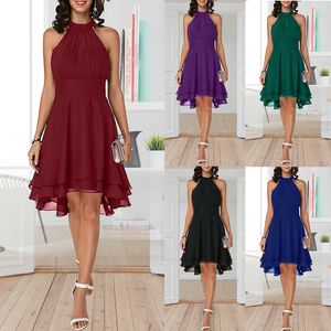 Frauen Elegantes Kleid Sommer Feste Hohe Taille Halfter Ärmellose Midi Kleider Damen Abgeschnitten Layered Chiffon Party Schlank 220521