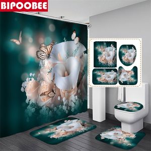 Róże motyli i gipsophila nadruk Zestaw zasłony prysznicowej przeciwpoślizgowe dywany toaleta pokrywka pokrowca do kąpieli trwałe dekoracja łazienki 220517