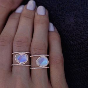 Fashion jewelry Ring moonstone Patchwork Hollow out diamond Ring 4Color 6-10229U