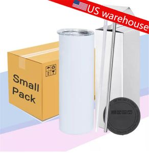 US Warehouse Small Pack 20oz sublimering Straight Tumbler With Metal Straw Rubber Bottom Blanks Rostfritt stål Glossigt dubbelvägg Vakuumisolerat vattenflaska