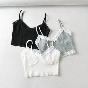 Camisole кружева кромки шить трикотажные маленькие слинг женские топы лето тонкий тонкий высокий талию сексуальный короткий внутренний жилет топ Cami 220318