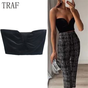 Traf Velvet Crop Top Kvinna Ärmlös Svart Korsett Kvinnor Sexig Backless Tube Tank s Streetwear Y2K Strapless Camis 220325